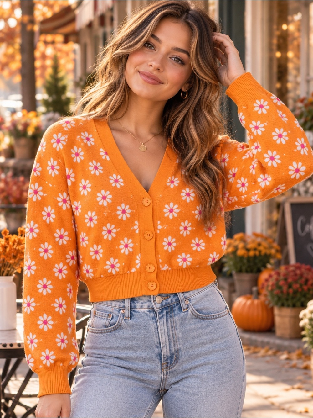 Orange Daisy Floral Cropped Cardigan |Small| 70’s Indie Artsy Retro Y2K Fall